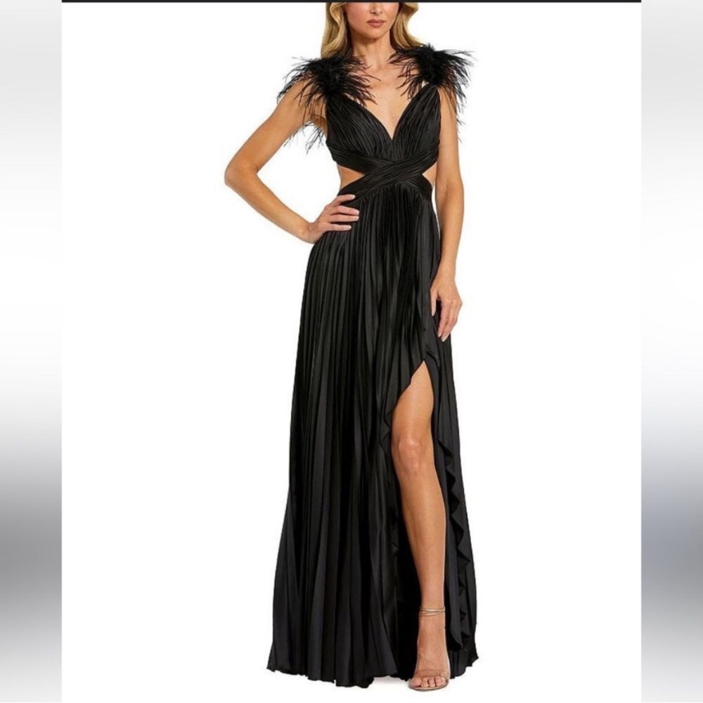 Mac Duggal 11687 Pleated Feather Cap Sleeve Open Back Gown | Size 6